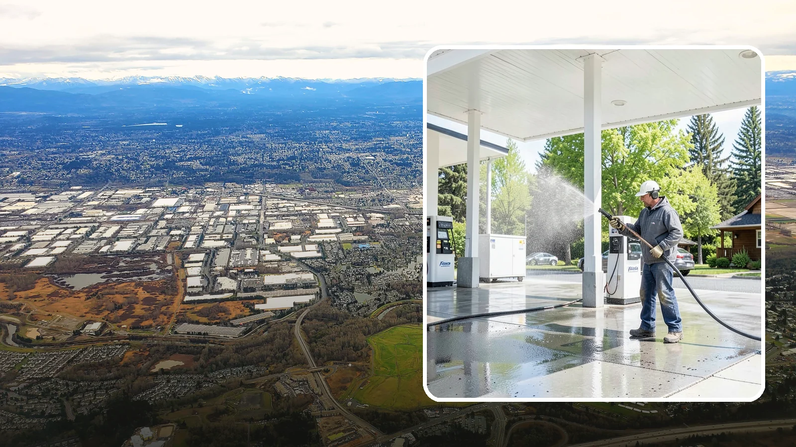 Gas Station Cleaning in Kent, King County, WA - Deep exterior cleaning for fuel courts, canopies, and pump islands that removes oil, fuel residue, and Northwest grime from...