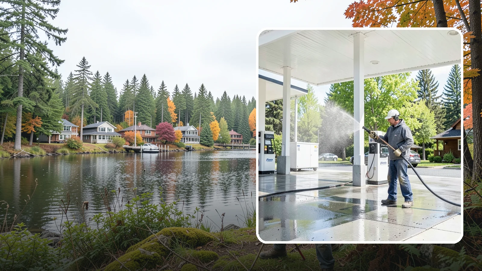 Gas Station Cleaning in La Conner, Skagit County, WA - Deep exterior cleaning for fuel courts, canopies, and pump islands that removes oil, fuel residue, and Northwest grime from...