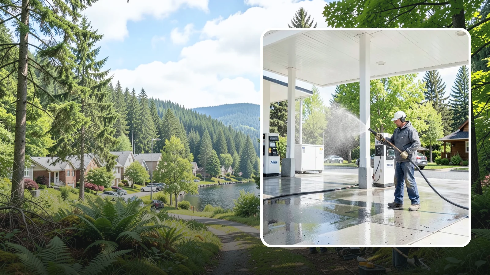 Gas Station Cleaning in Lake Forest Park, King County, WA - Deep exterior cleaning for fuel courts, canopies, and pump islands that removes oil, fuel residue, and Northwest grime from...