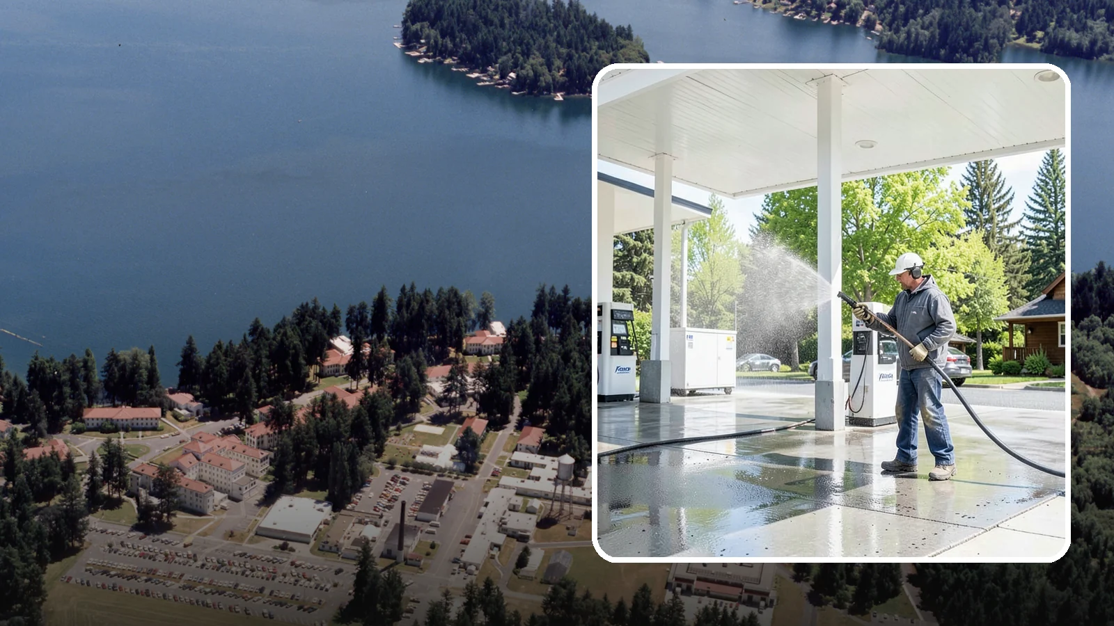Gas Station Cleaning in Lakewood, Pierce County, WA - Deep exterior cleaning for fuel courts, canopies, and pump islands that removes oil, fuel residue, and Northwest grime from...