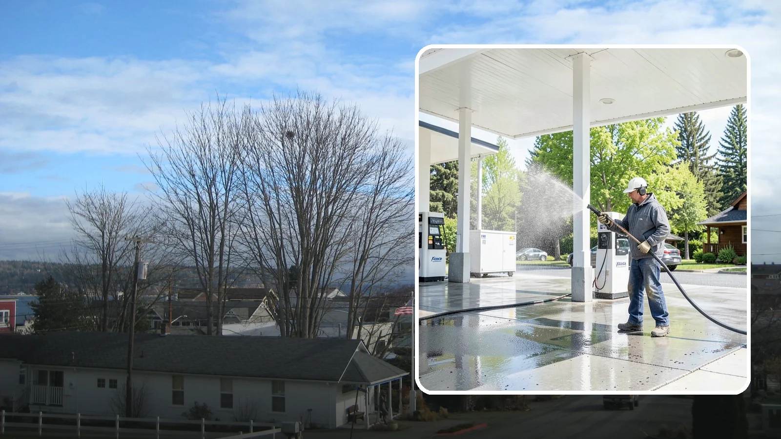 Gas Station Cleaning in Langley, Island County, WA - Deep exterior cleaning for fuel courts, canopies, and pump islands that removes oil, fuel residue, and Northwest grime from...