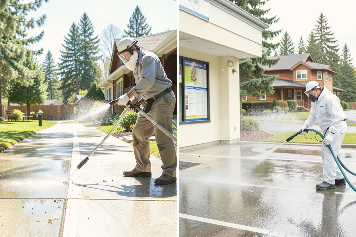 Gas Station Cleaning in Langley, Island County, WA - Contain drains and pre-treat oil-stained concrete with a commercial degreaser