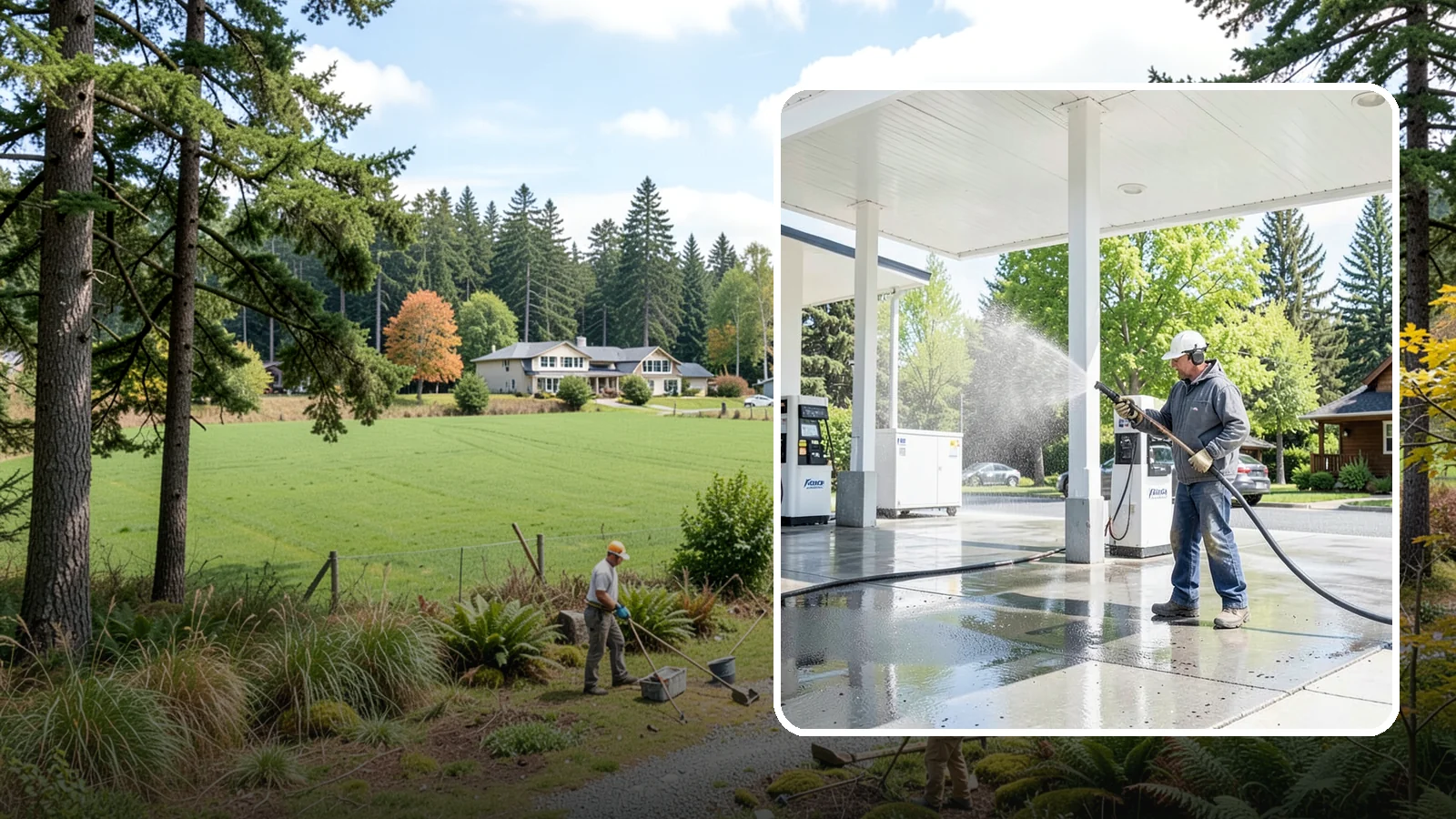 Gas Station Cleaning in Lyman, Skagit County, WA - Deep exterior cleaning for fuel courts, canopies, and pump islands that removes oil, fuel residue, and Northwest grime from...