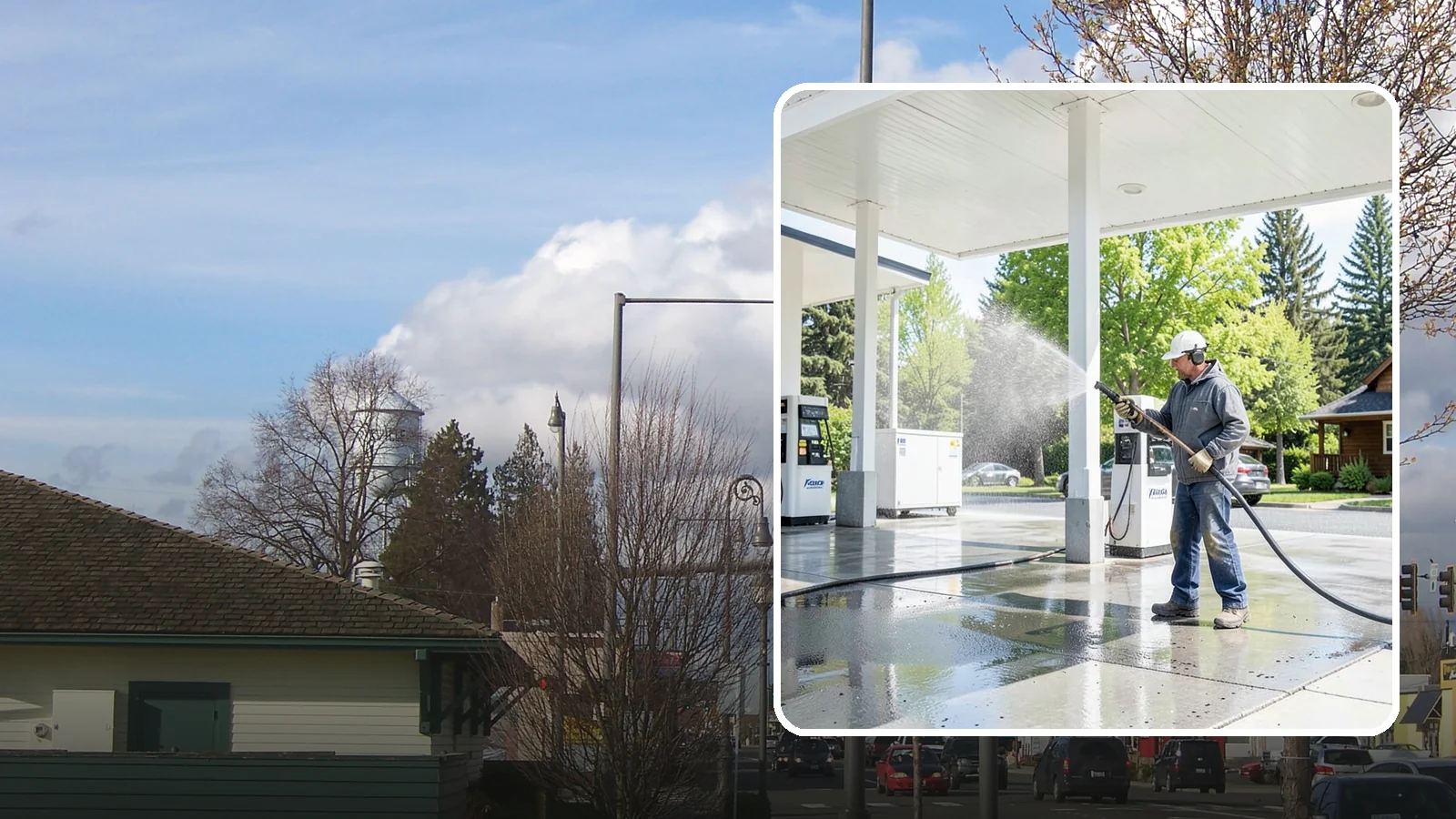 Gas Station Cleaning in Marysville, Snohomish County, WA - Deep exterior cleaning for fuel courts, canopies, and pump islands that removes oil, fuel residue, and Northwest grime from...