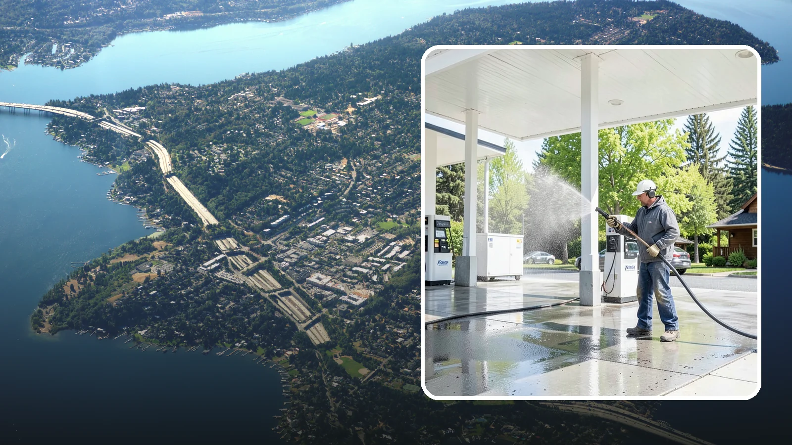 Gas Station Cleaning in Mercer Island, King County, WA - Deep exterior cleaning for fuel courts, canopies, and pump islands that removes oil, fuel residue, and Northwest grime from...