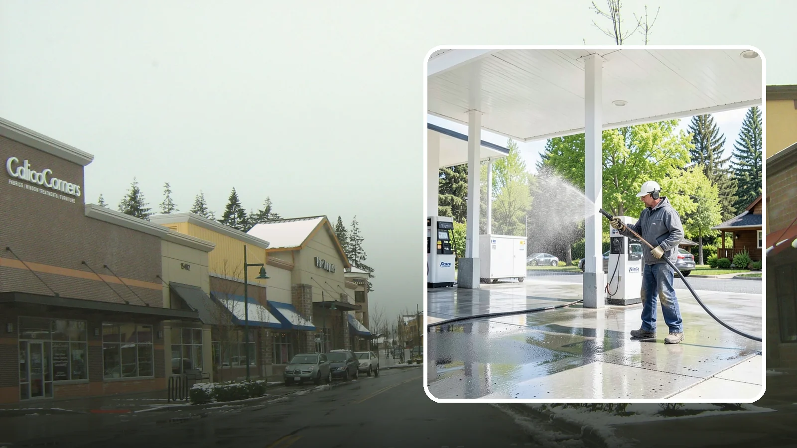 Gas Station Cleaning in Mill Creek, Snohomish County, WA - Deep exterior cleaning for fuel courts, canopies, and pump islands that removes oil, fuel residue, and Northwest grime from...