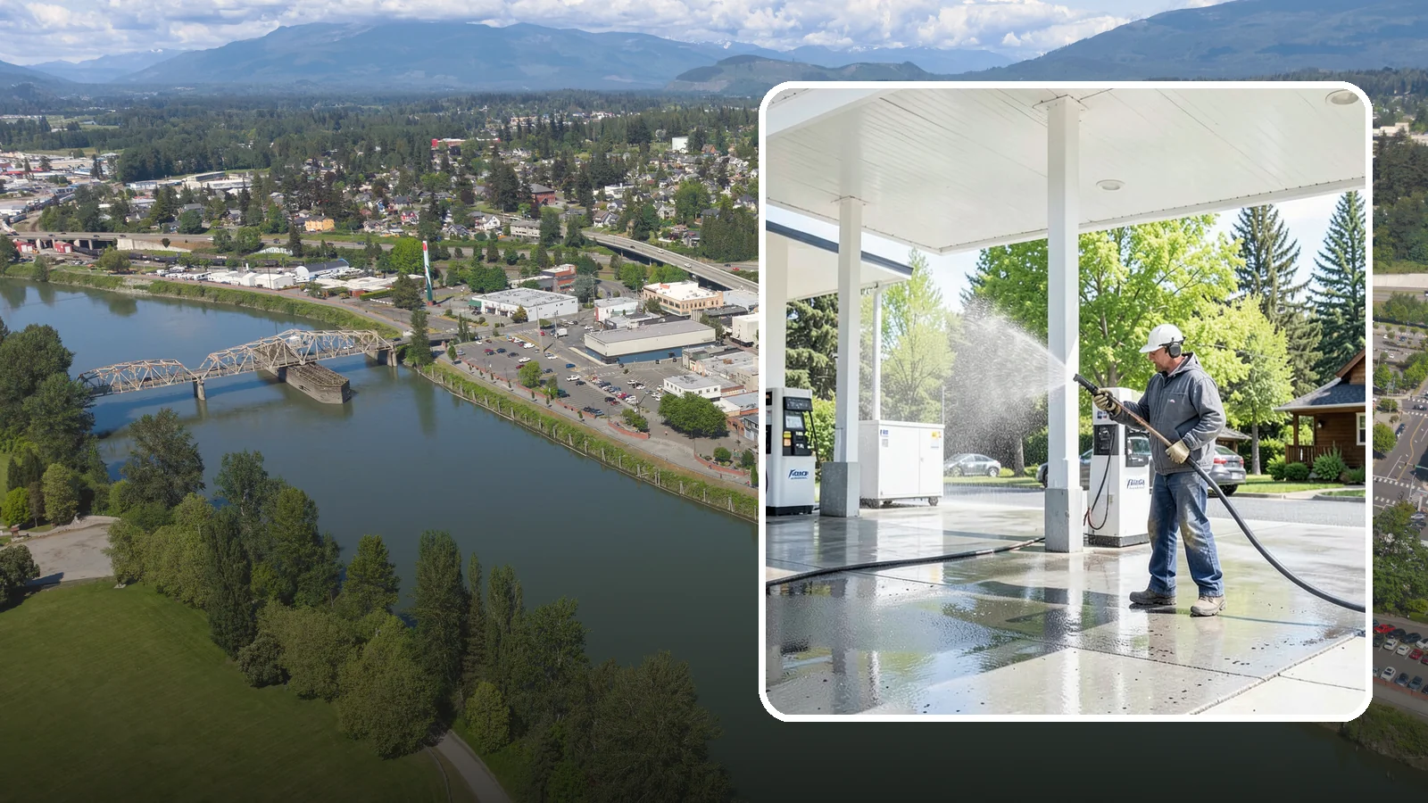Gas Station Cleaning in Mount Vernon, Skagit County, WA - Deep exterior cleaning for fuel courts, canopies, and pump islands that removes oil, fuel residue, and Northwest grime from...