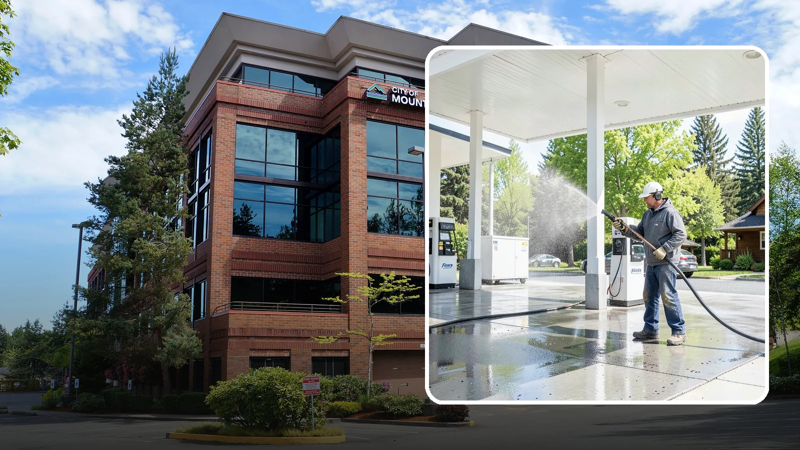Gas Station Cleaning in Mountlake Terrace, Snohomish County, WA - Deep exterior cleaning for fuel courts, canopies, and pump islands that removes oil, fuel residue, and Northwest grime from...