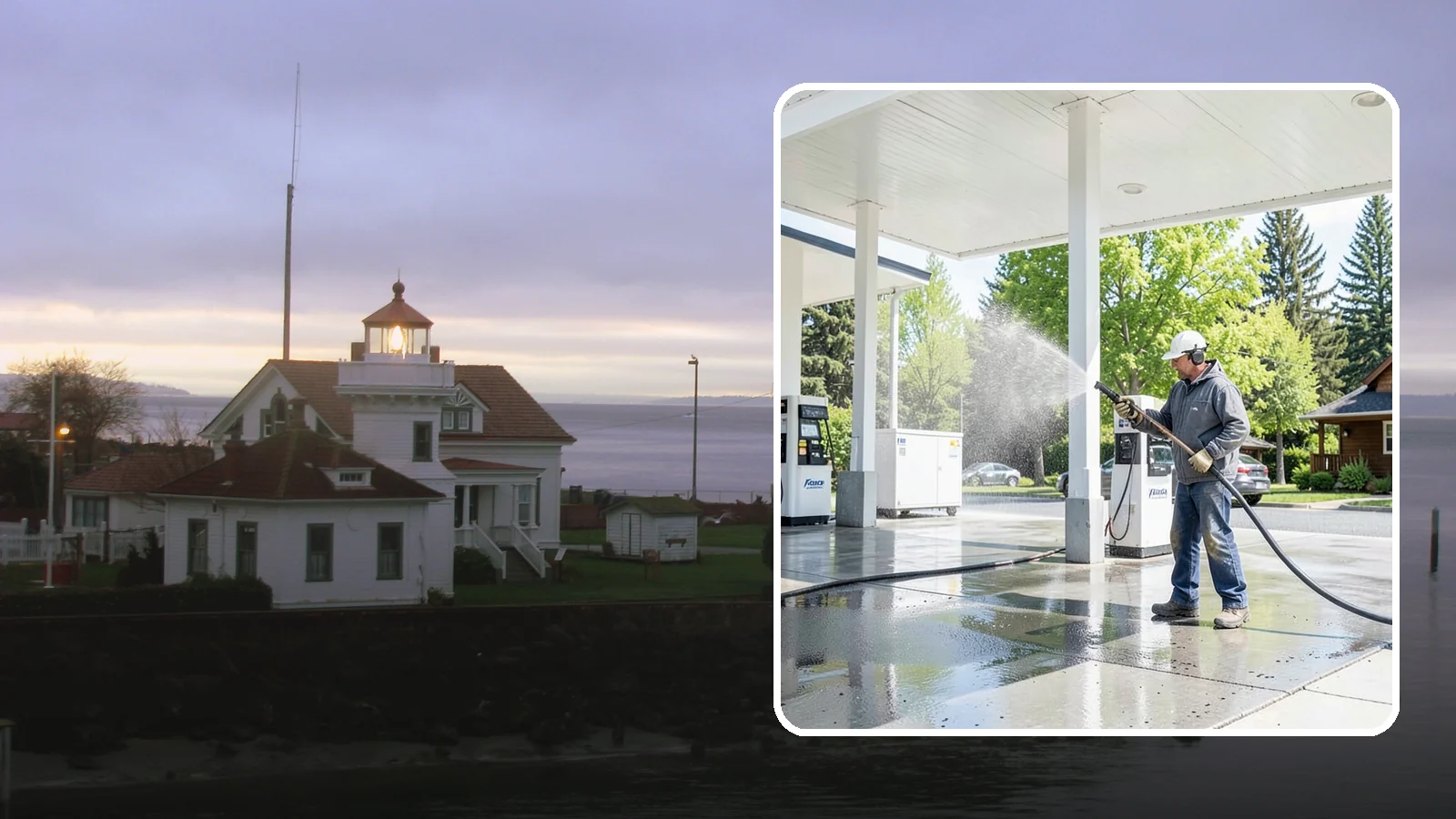 Gas Station Cleaning in Mukilteo, Snohomish County, WA - Deep exterior cleaning for fuel courts, canopies, and pump islands that removes oil, fuel residue, and Northwest grime from...
