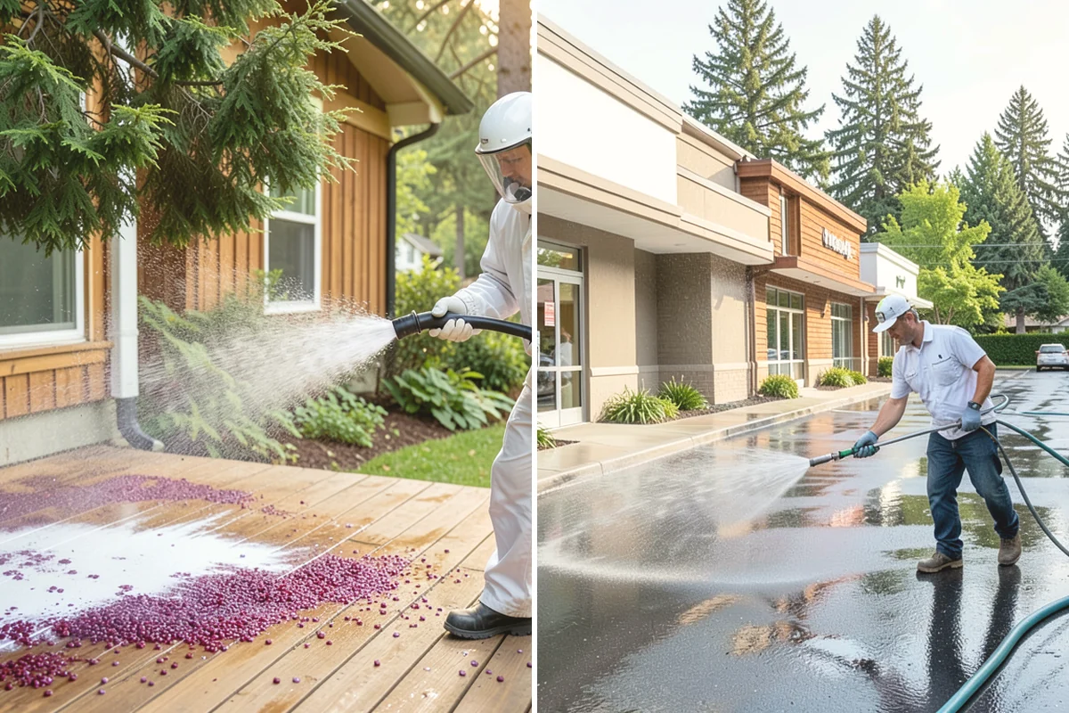 Gas Station Cleaning in Mukilteo, Snohomish County, WA - Contain drains and pre-treat oil-stained concrete with a commercial degreaser