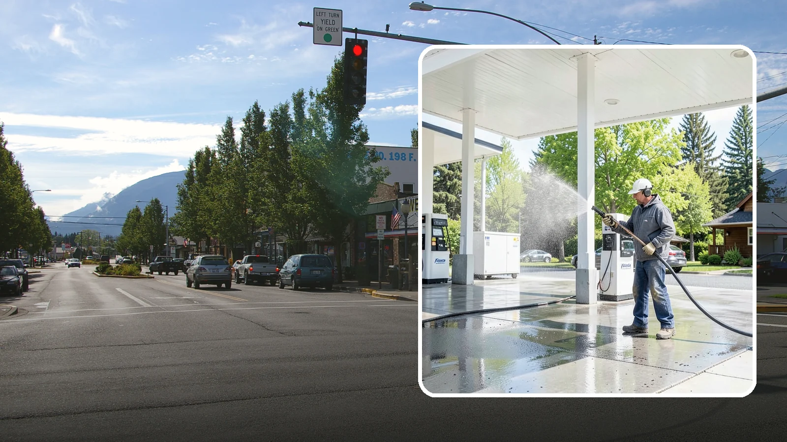 Gas Station Cleaning in North Bend, King County, WA - Deep exterior cleaning for fuel courts, canopies, and pump islands that removes oil, fuel residue, and Northwest grime from...