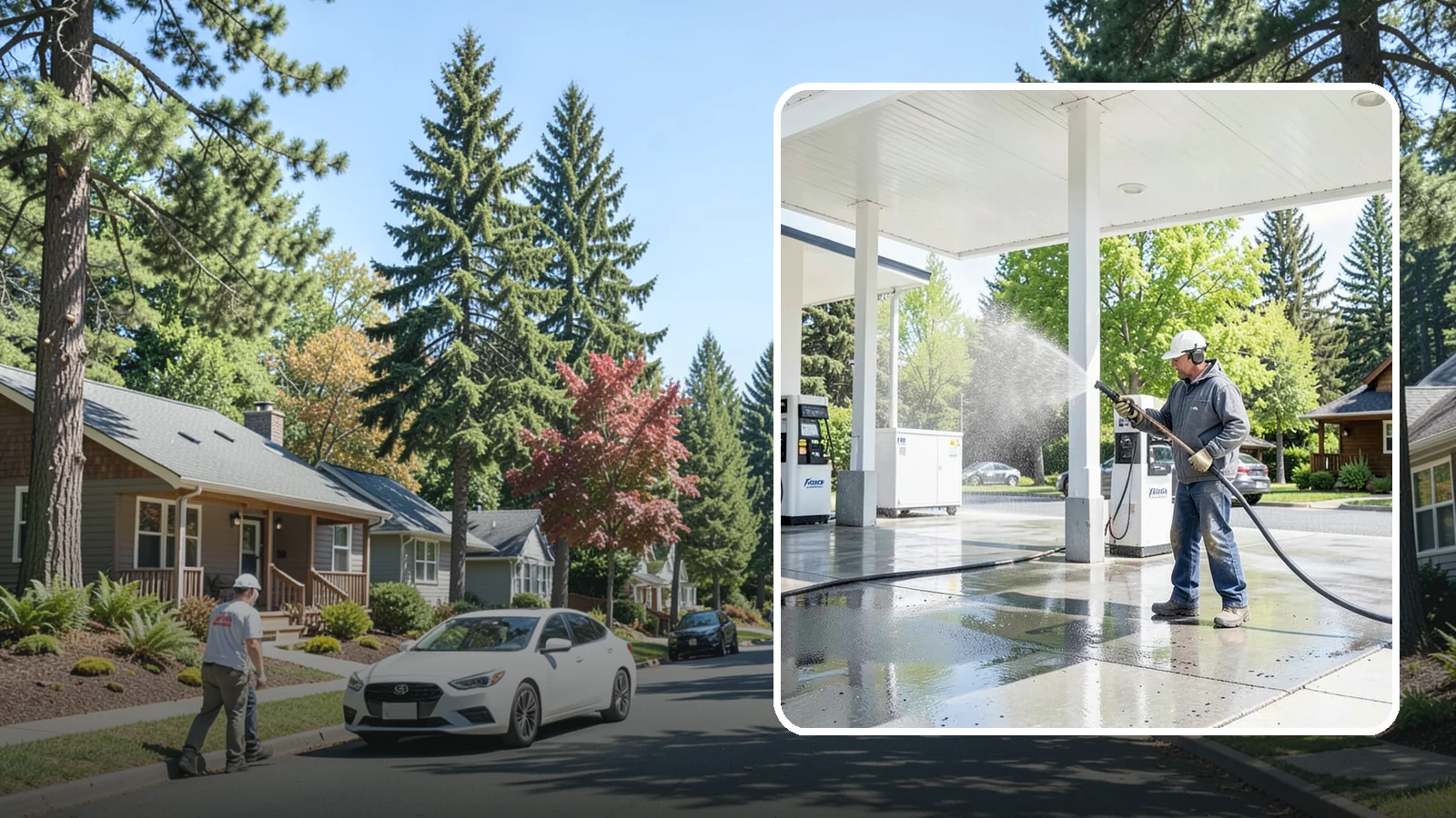 Gas Station Cleaning in Orting, Pierce County, WA - Deep exterior cleaning for fuel courts, canopies, and pump islands that removes oil, fuel residue, and Northwest grime from...