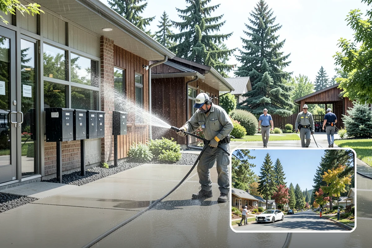 Gas Station Cleaning in Orting, Pierce County, WA - Removes slip-causing oil and fuel film from pump-island concrete