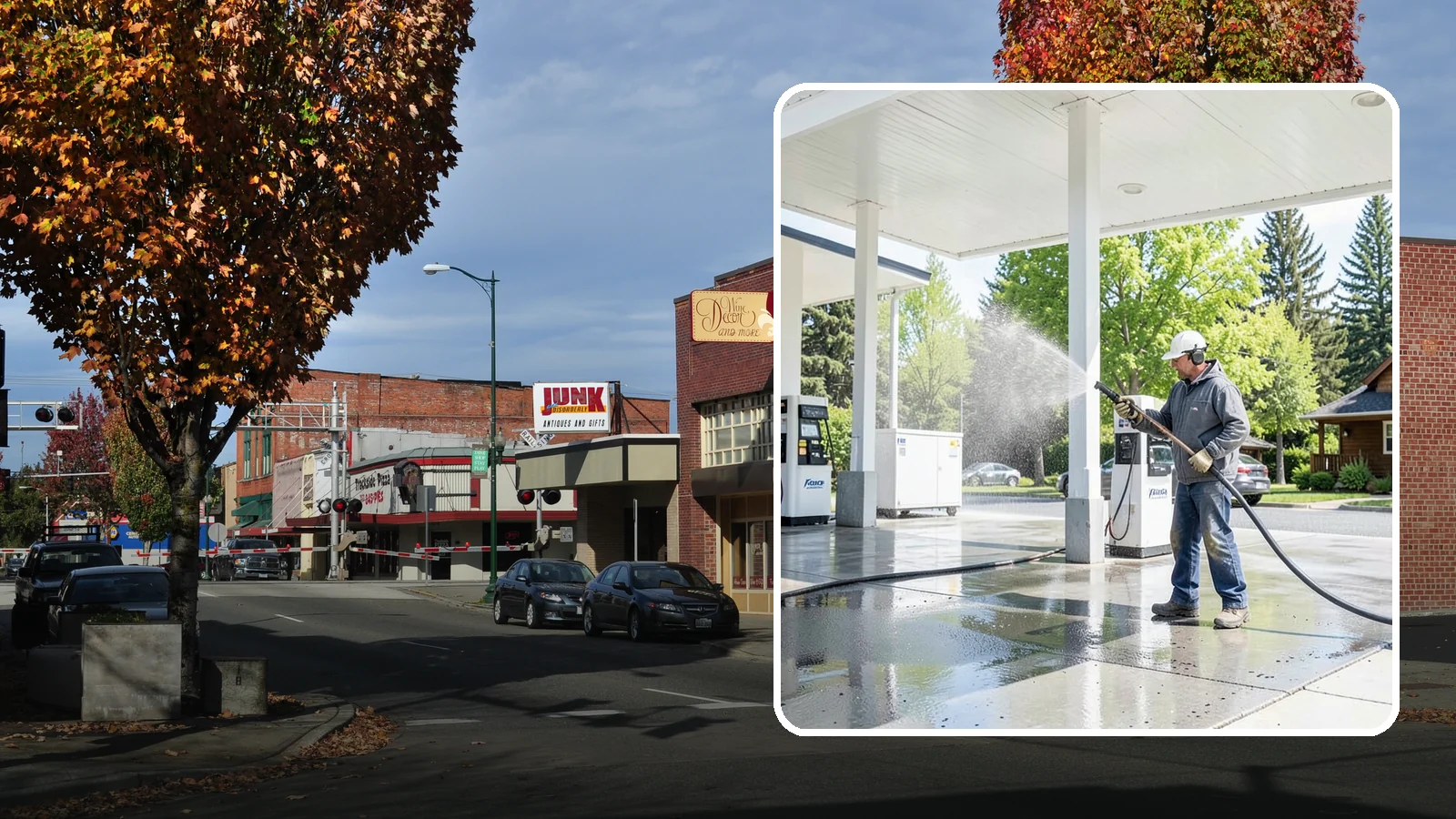 Gas Station Cleaning in Puyallup, Pierce County, WA - Deep exterior cleaning for fuel courts, canopies, and pump islands that removes oil, fuel residue, and Northwest grime from...