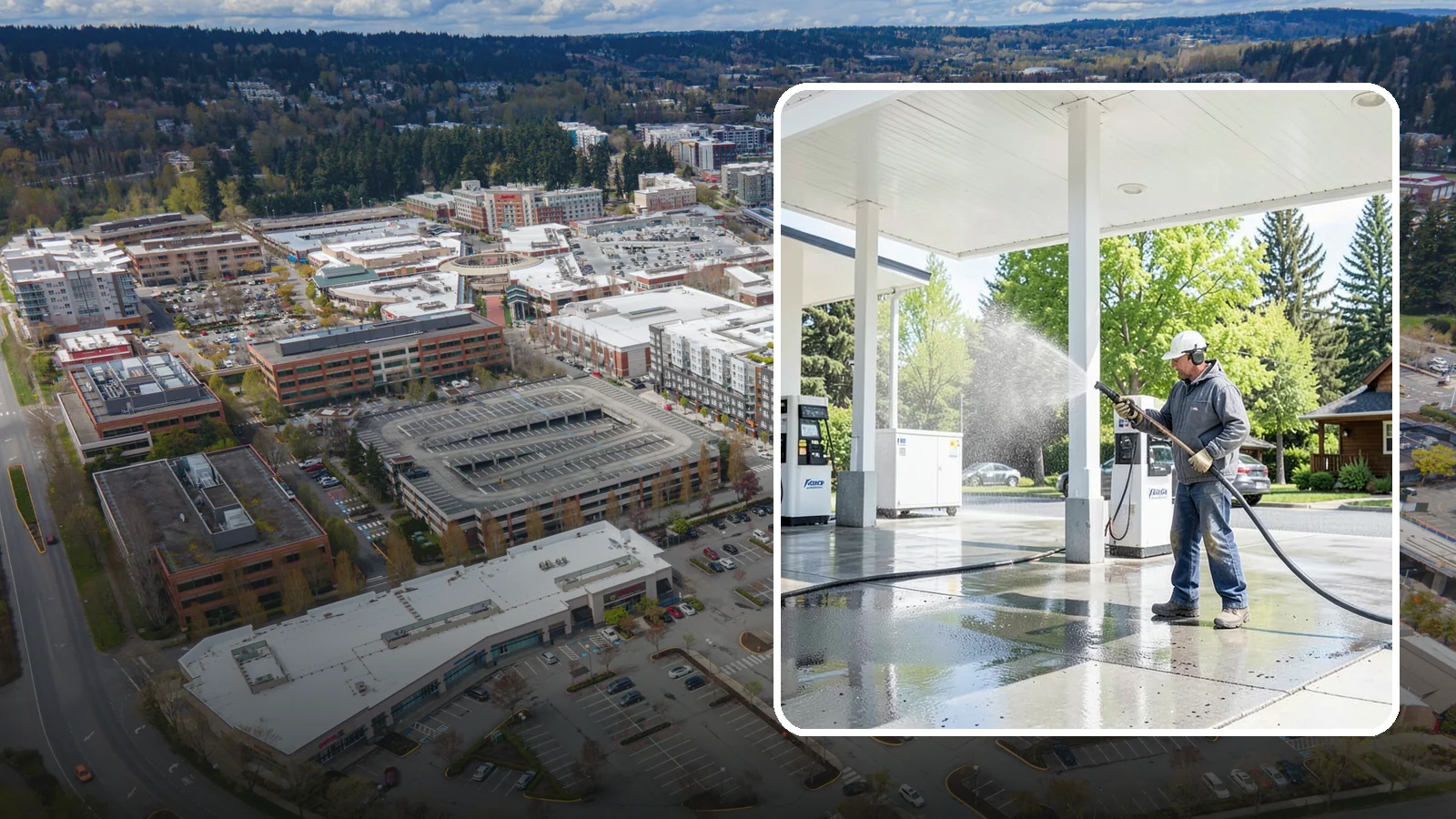 Gas Station Cleaning in Redmond, King County, WA - Deep exterior cleaning for fuel courts, canopies, and pump islands that removes oil, fuel residue, and Northwest grime from...