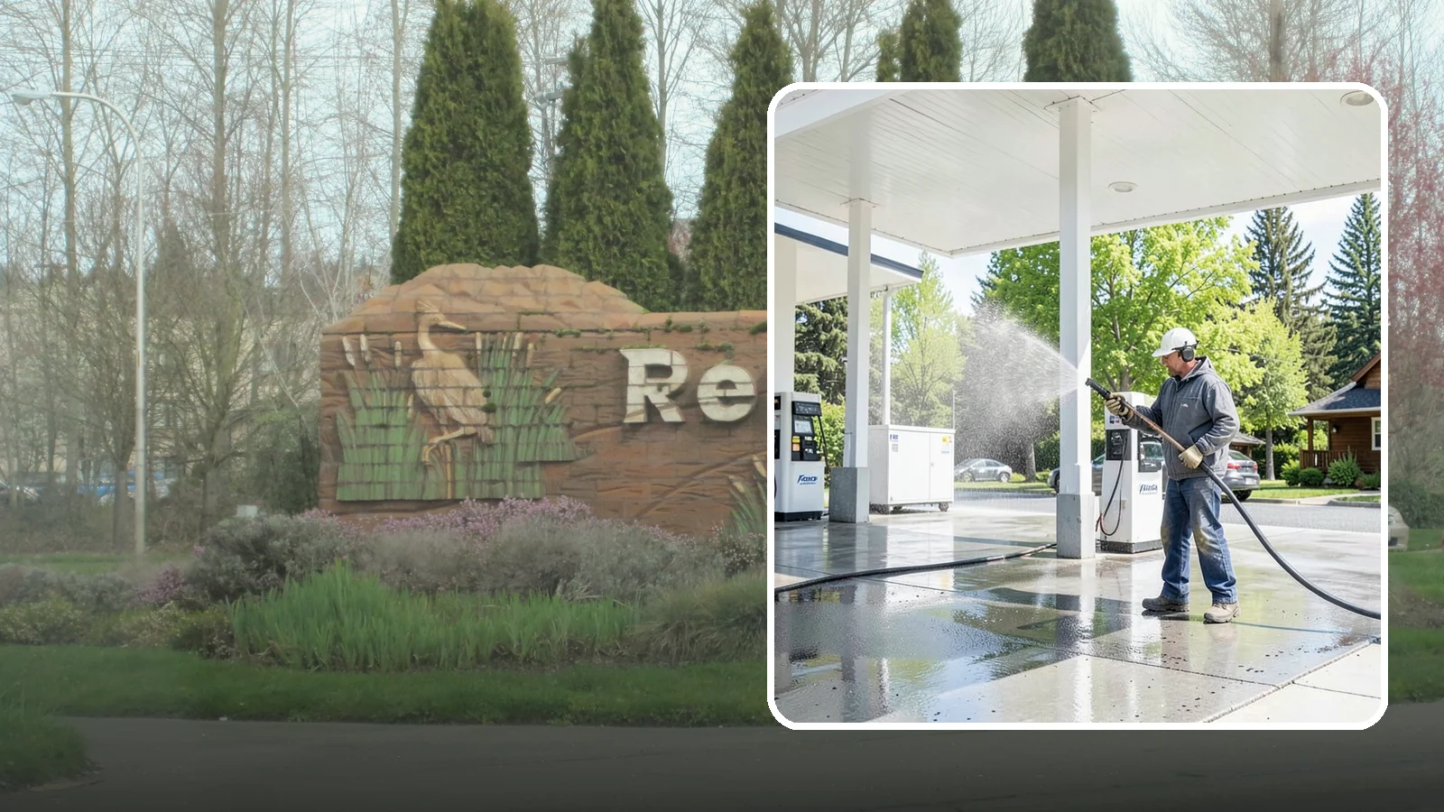 Gas Station Cleaning in Renton, King County, WA - Deep exterior cleaning for fuel courts, canopies, and pump islands that removes oil, fuel residue, and Northwest grime from...