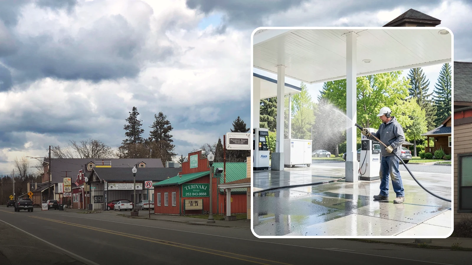 Gas Station Cleaning in Roy, Pierce County, WA - Deep exterior cleaning for fuel courts, canopies, and pump islands that removes oil, fuel residue, and Northwest grime from...