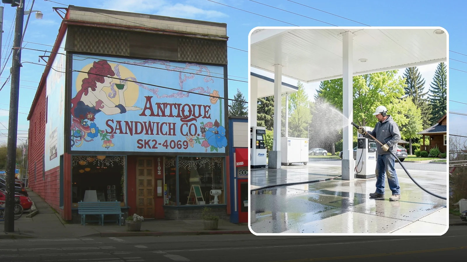 Gas Station Cleaning in Ruston, Pierce County, WA - Deep exterior cleaning for fuel courts, canopies, and pump islands that removes oil, fuel residue, and Northwest grime from...