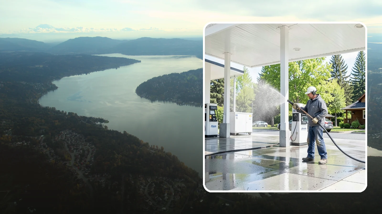 Gas Station Cleaning in Sammamish, King County, WA - Deep exterior cleaning for fuel courts, canopies, and pump islands that removes oil, fuel residue, and Northwest grime from...