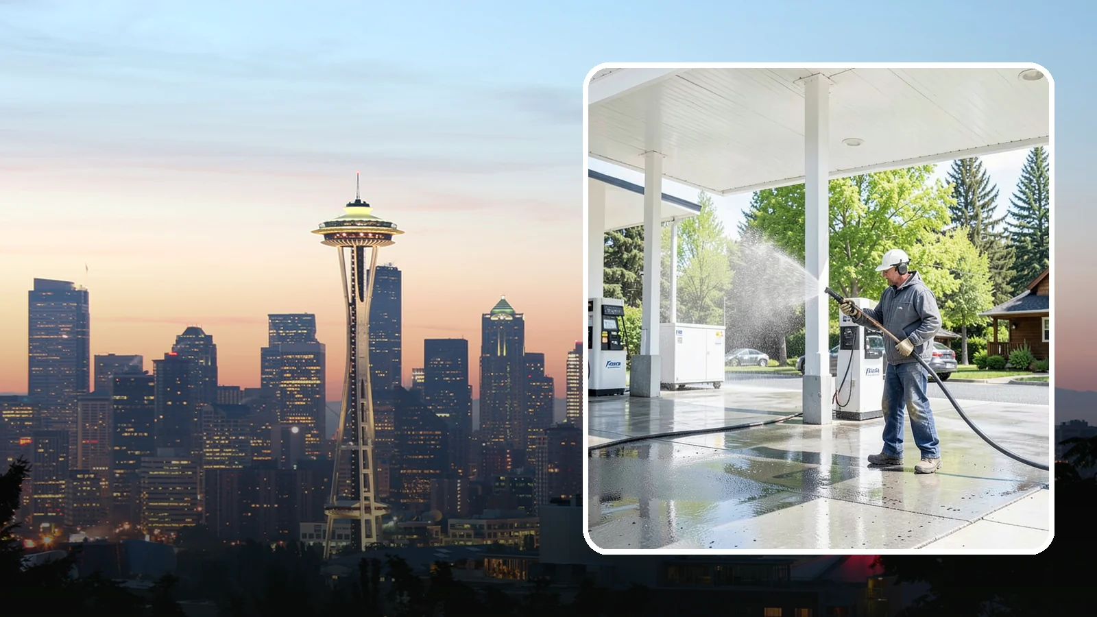 Gas Station Cleaning in Seattle, King County, WA - Deep exterior cleaning for fuel courts, canopies, and pump islands that removes oil, fuel residue, and Northwest grime from...