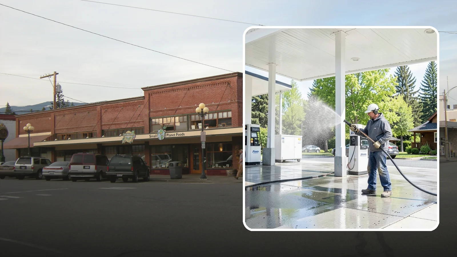 Gas Station Cleaning in Sedro-Woolley, Skagit County, WA - Deep exterior cleaning for fuel courts, canopies, and pump islands that removes oil, fuel residue, and Northwest grime from...