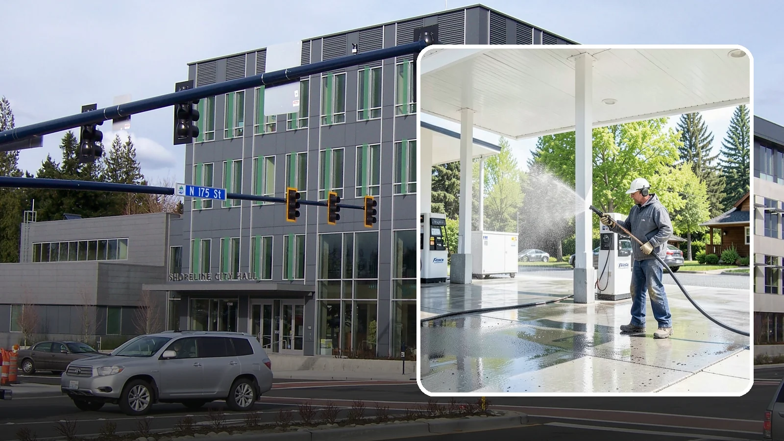 Gas Station Cleaning in Shoreline, King County, WA - Deep exterior cleaning for fuel courts, canopies, and pump islands that removes oil, fuel residue, and Northwest grime from...