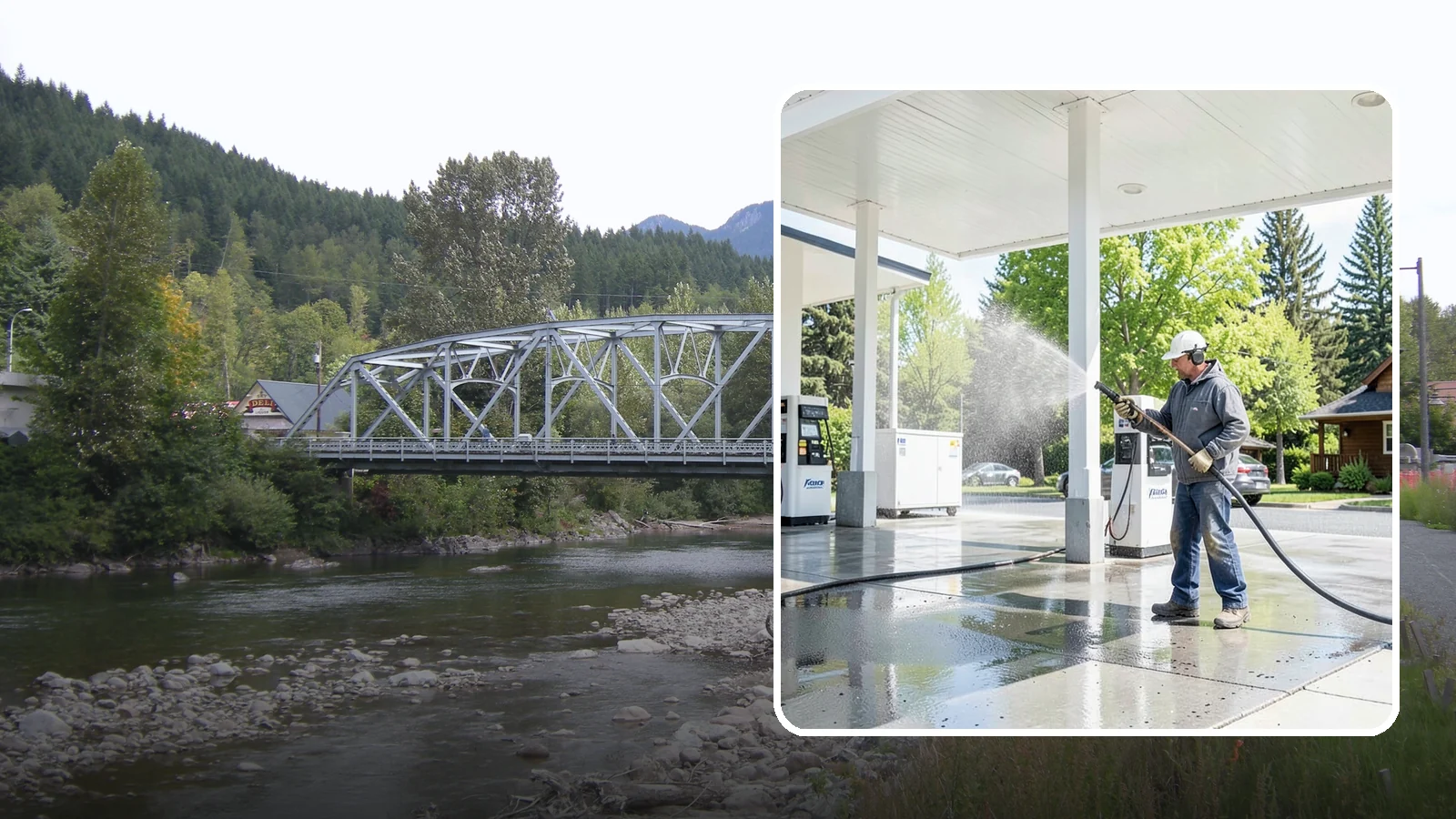 Gas Station Cleaning in Skykomish, King County, WA - Deep exterior cleaning for fuel courts, canopies, and pump islands that removes oil, fuel residue, and Northwest grime from...