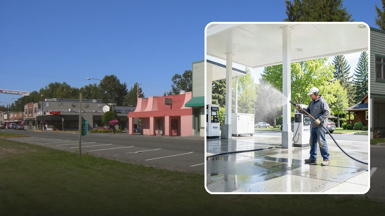 Gas Station Cleaning in Snoqualmie, King County, WA - Deep exterior cleaning for fuel courts, canopies, and pump islands that removes oil, fuel residue, and Northwest grime from...