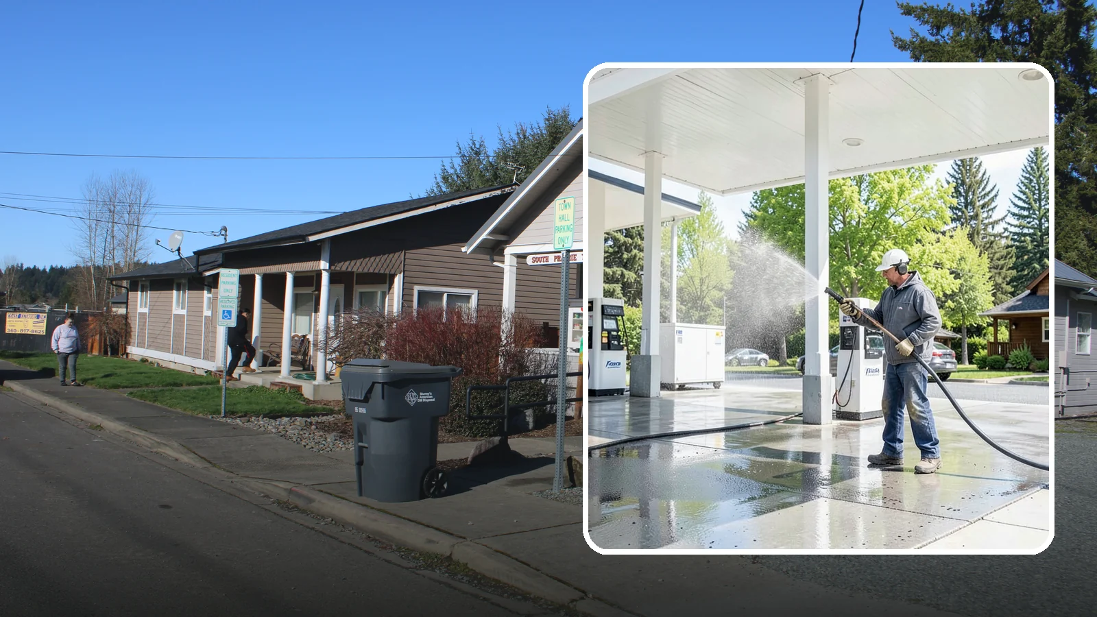 Gas Station Cleaning in South Prairie, Pierce County, WA - Deep exterior cleaning for fuel courts, canopies, and pump islands that removes oil, fuel residue, and Northwest grime from...