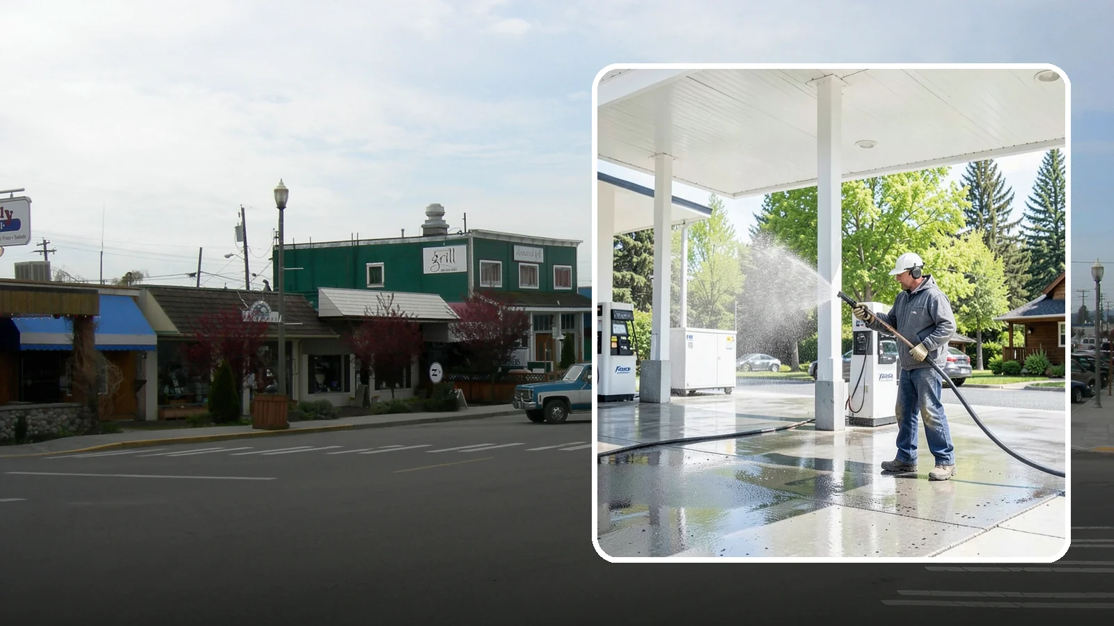 Gas Station Cleaning in Stanwood, Snohomish County, WA - Deep exterior cleaning for fuel courts, canopies, and pump islands that removes oil, fuel residue, and Northwest grime from...