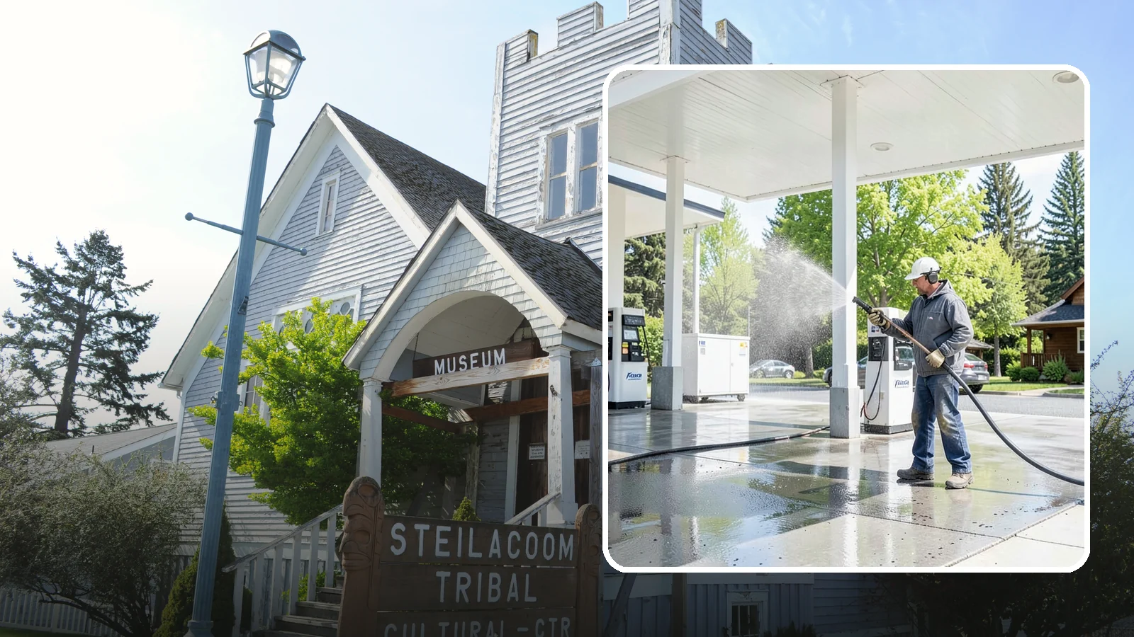 Gas Station Cleaning in Steilacoom, Pierce County, WA - Deep exterior cleaning for fuel courts, canopies, and pump islands that removes oil, fuel residue, and Northwest grime from...
