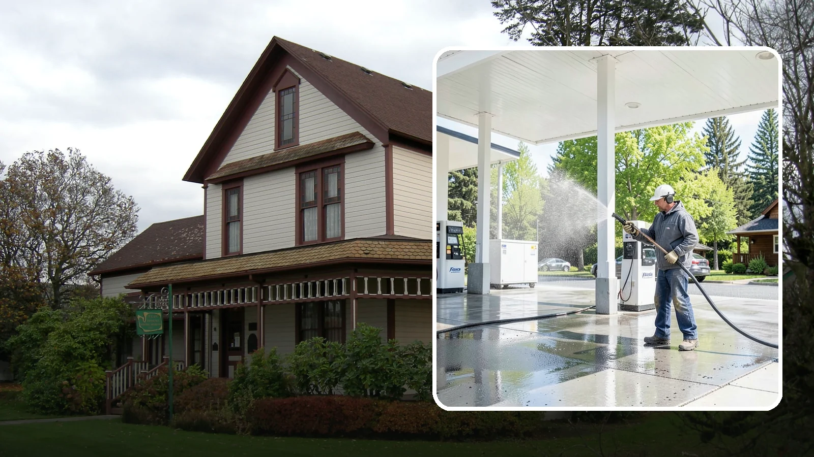 Gas Station Cleaning in Sumner, Pierce County, WA - Deep exterior cleaning for fuel courts, canopies, and pump islands that removes oil, fuel residue, and Northwest grime from...