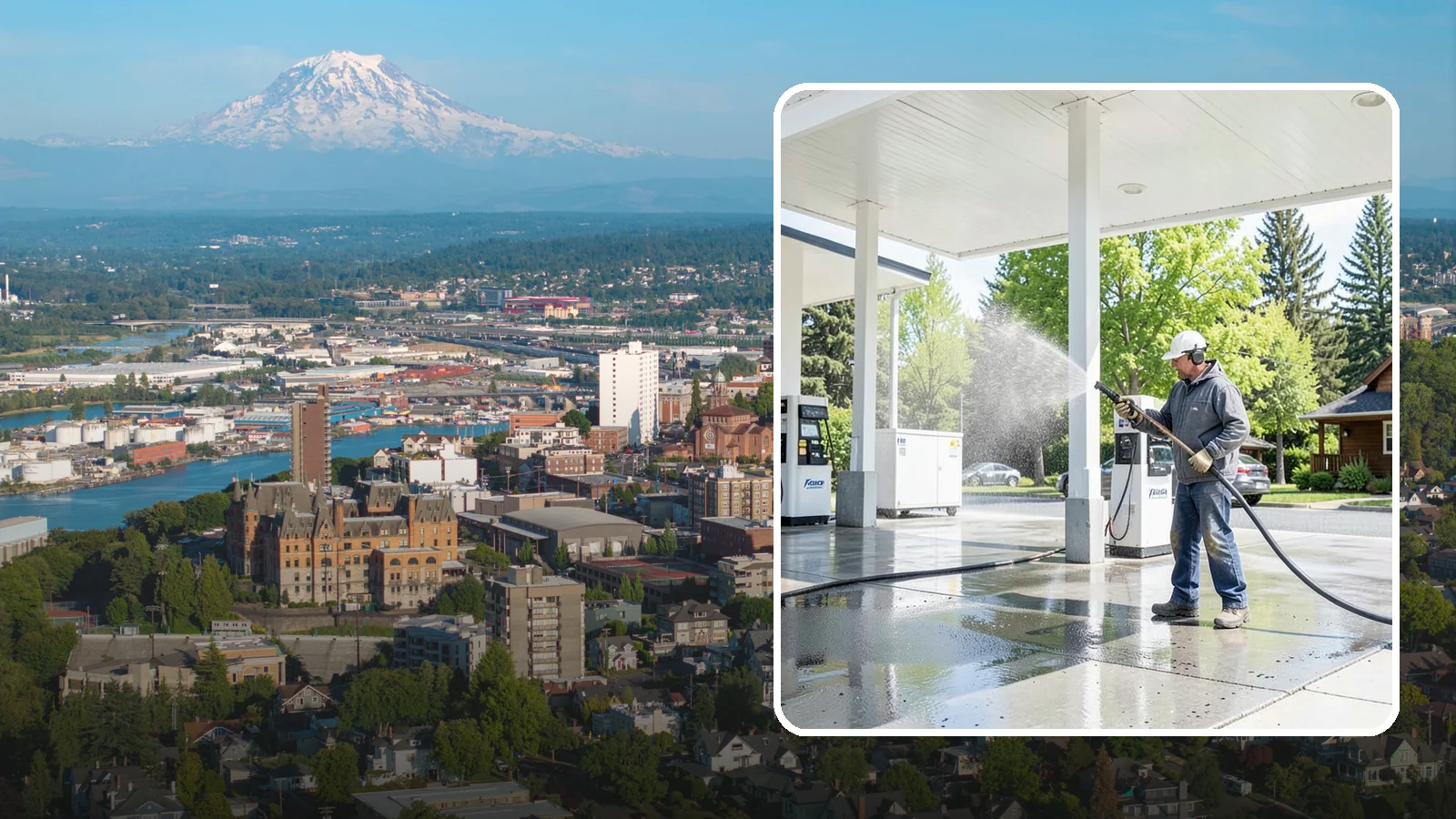Gas Station Cleaning in Tacoma, Pierce County, WA - Deep exterior cleaning for fuel courts, canopies, and pump islands that removes oil, fuel residue, and Northwest grime from...