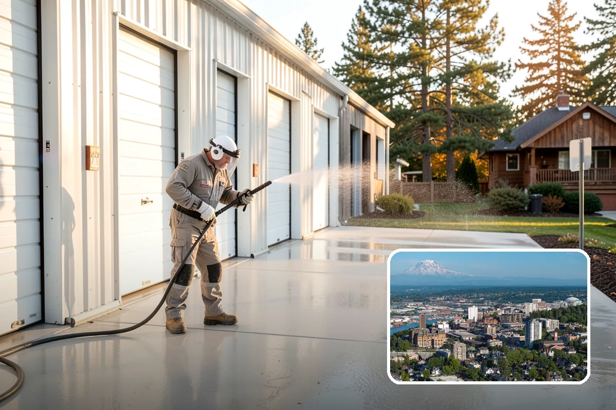 Gas Station Cleaning in Tacoma, Pierce County, WA - Removes slip-causing oil and fuel film from pump-island concrete
