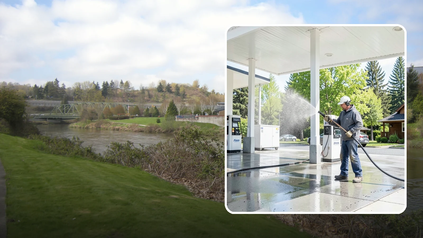Gas Station Cleaning in Tukwila, King County, WA - Deep exterior cleaning for fuel courts, canopies, and pump islands that removes oil, fuel residue, and Northwest grime from...