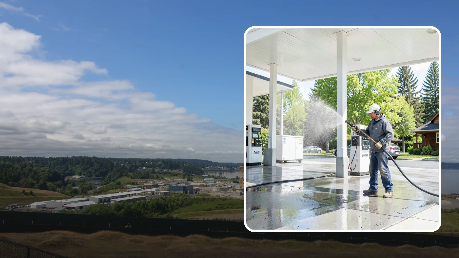 Gas Station Cleaning in University Place, Pierce County, WA - Deep exterior cleaning for fuel courts, canopies, and pump islands that removes oil, fuel residue, and Northwest grime from...