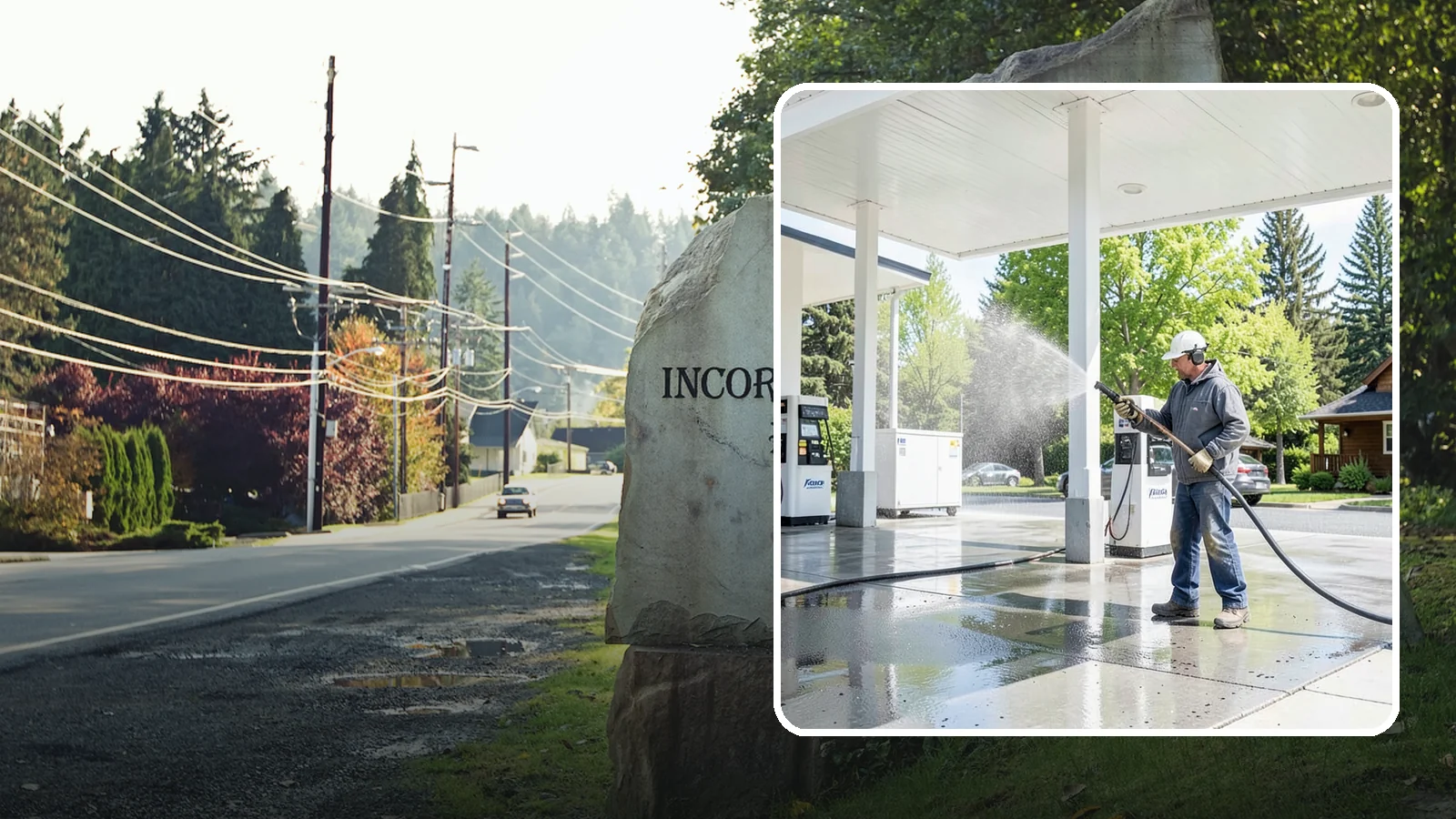 Gas Station Cleaning in Wilkeson, Pierce County, WA - Deep exterior cleaning for fuel courts, canopies, and pump islands that removes oil, fuel residue, and Northwest grime from...