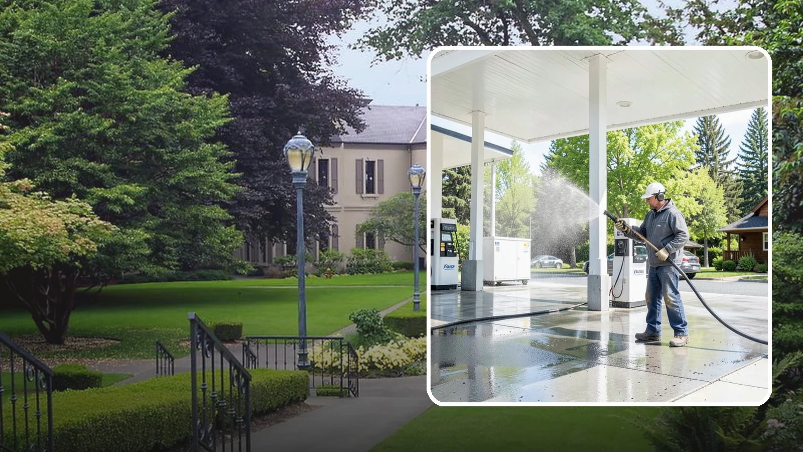 Gas Station Cleaning in Woodinville, King County, WA - Deep exterior cleaning for fuel courts, canopies, and pump islands that removes oil, fuel residue, and Northwest grime from...