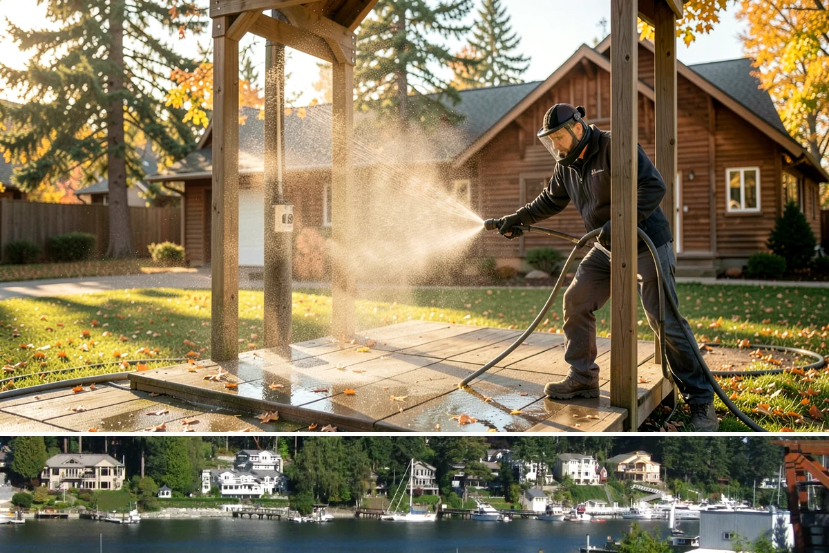 Gazebo Washing in Gig Harbor, Pierce County, WA - A dry summer day allows the wood and interior to dry fully, making it the best time to wash a shaded gazebo.