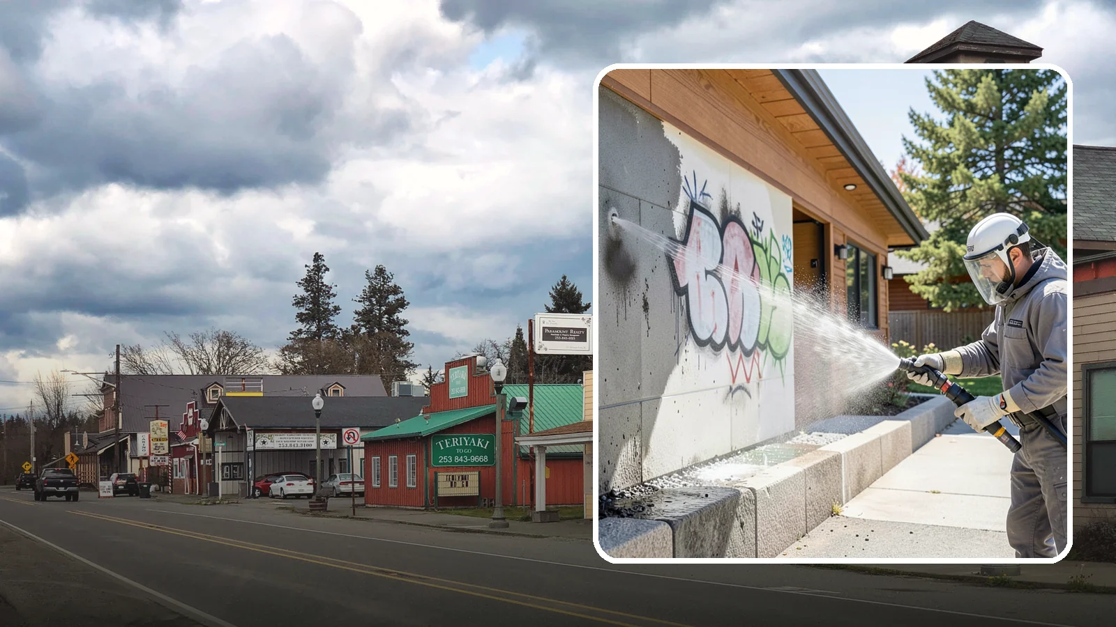 Graffiti Abatement Program in Roy, Pierce County, WA - A recurring graffiti-removal program for commercial properties that erases tags fast from walls, signage, and hardscapes across...