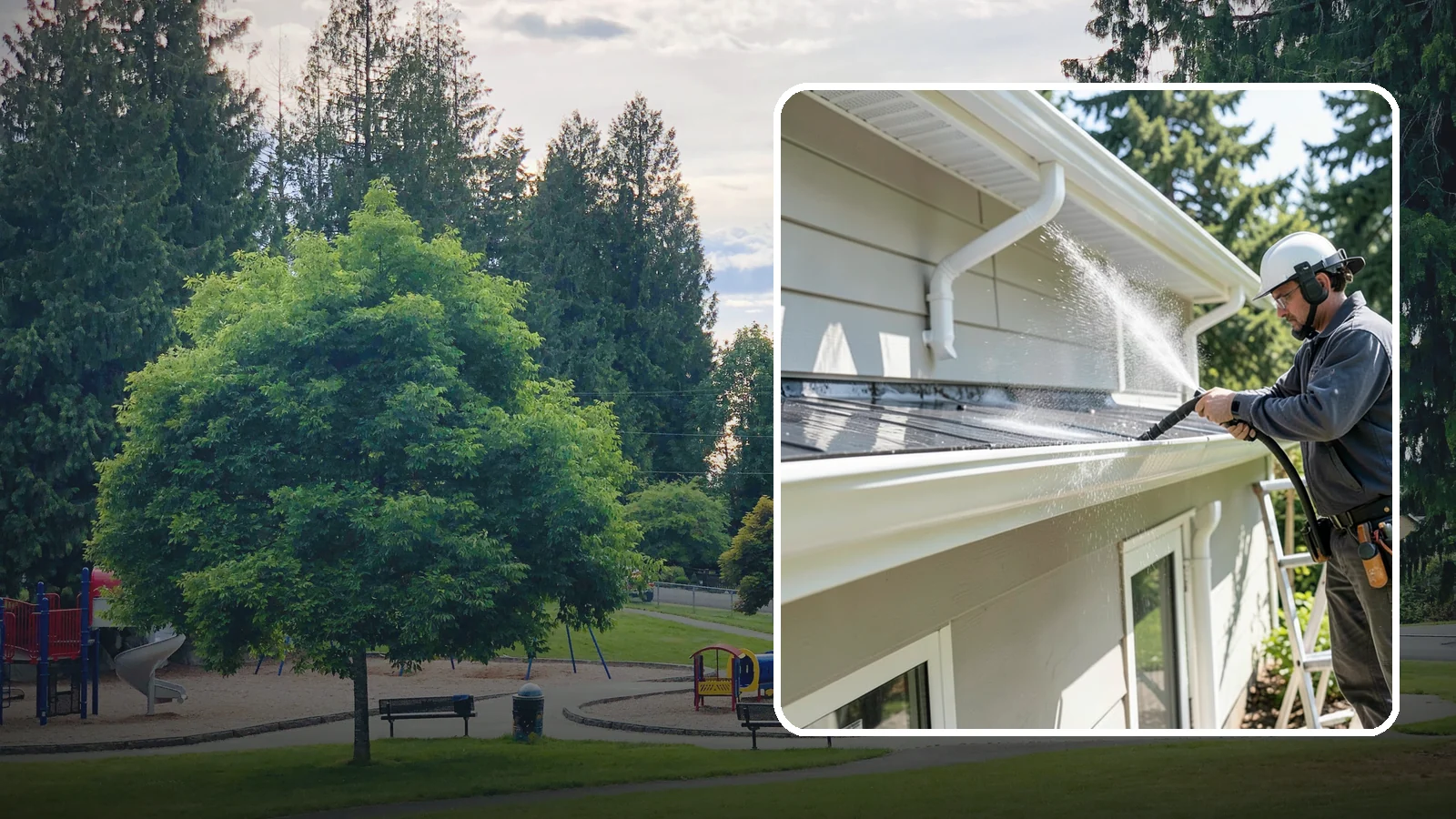Gutter & Downspout Package in Bonney Lake, Pierce County, WA - We brighten gutter faces and flush the downspouts so your drainage system looks clean and actually moves water through a rainy...