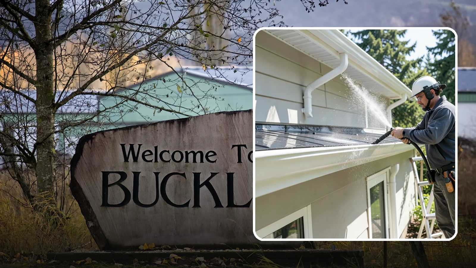 Gutter & Downspout Package in Buckley, Pierce County, WA - We brighten gutter faces and flush the downspouts so your drainage system looks clean and actually moves water through a rainy...