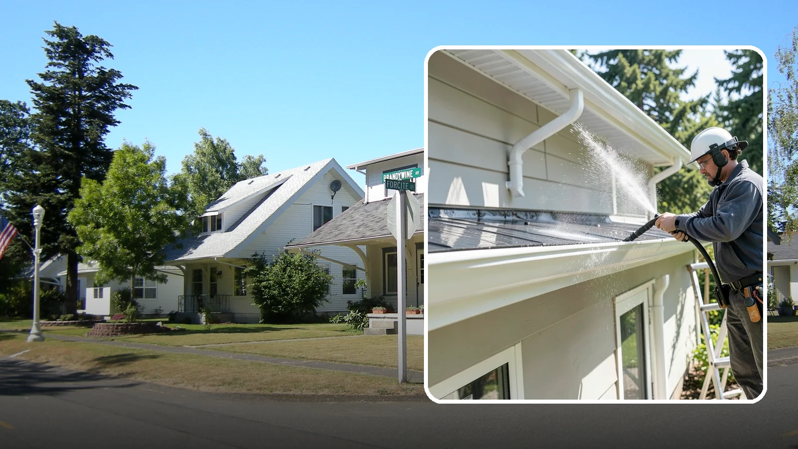 Gutter & Downspout Package in DuPont, Pierce County, WA - We brighten gutter faces and flush the downspouts so your drainage system looks clean and actually moves water through a rainy...