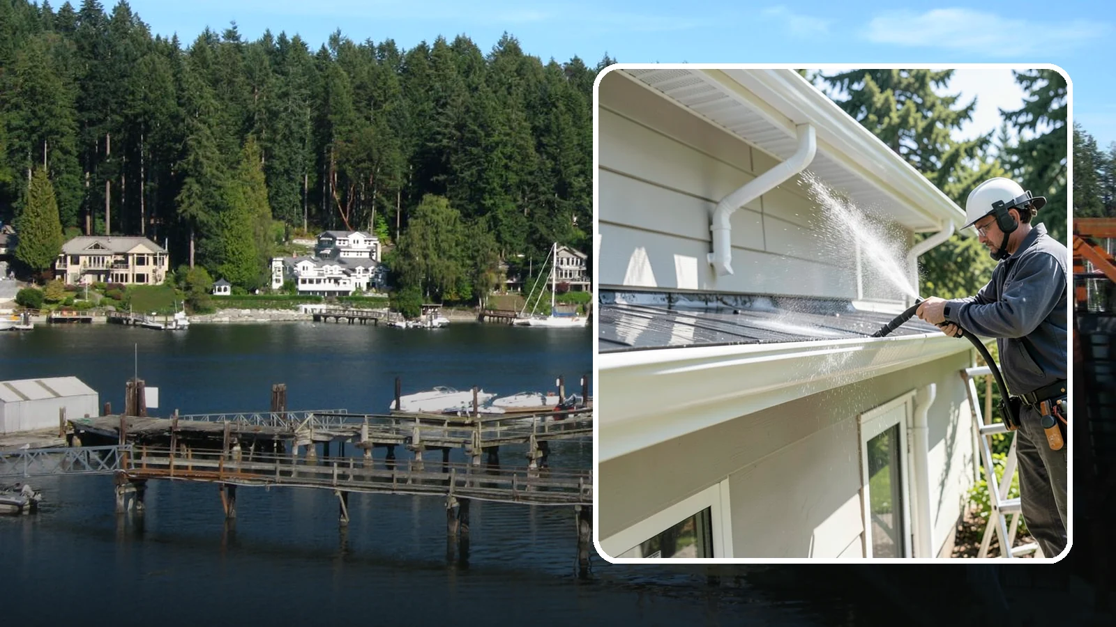 Gutter & Downspout Package in Gig Harbor, Pierce County, WA - We brighten gutter faces and flush the downspouts so your drainage system looks clean and actually moves water through a rainy...