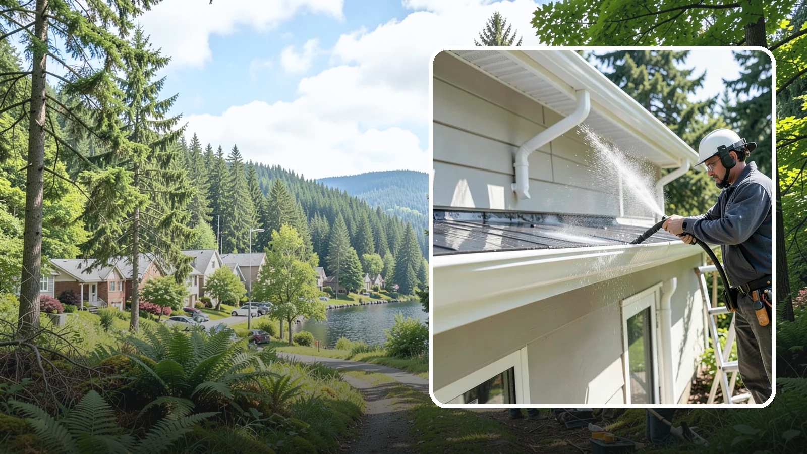 Gutter & Downspout Package in Lake Forest Park, King County, WA - We brighten gutter faces and flush the downspouts so your drainage system looks clean and actually moves water through a rainy...