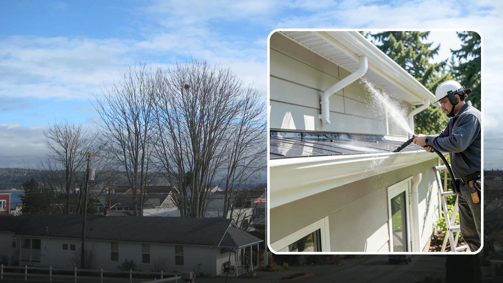 Gutter & Downspout Package in Langley, Island County, WA - We brighten gutter faces and flush the downspouts so your drainage system looks clean and actually moves water through a rainy...