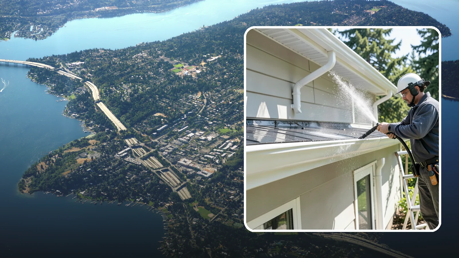 Gutter & Downspout Package in Mercer Island, King County, WA - We brighten gutter faces and flush the downspouts so your drainage system looks clean and actually moves water through a rainy...