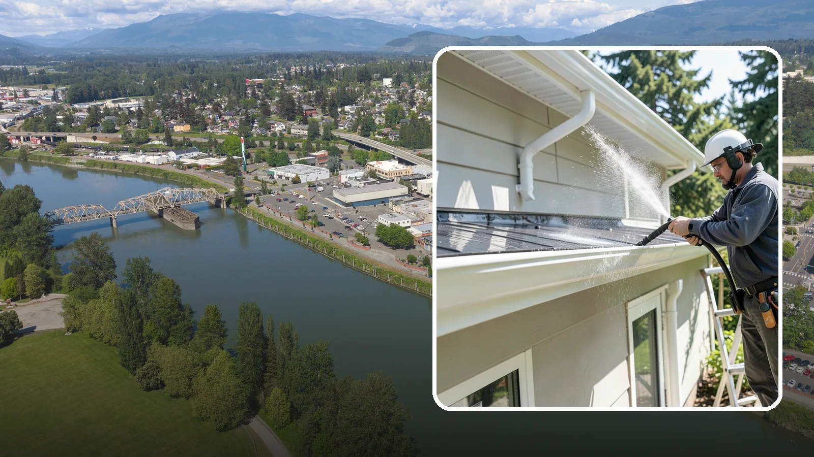 Gutter & Downspout Package in Mount Vernon, Skagit County, WA - We brighten gutter faces and flush the downspouts so your drainage system looks clean and actually moves water through a rainy...