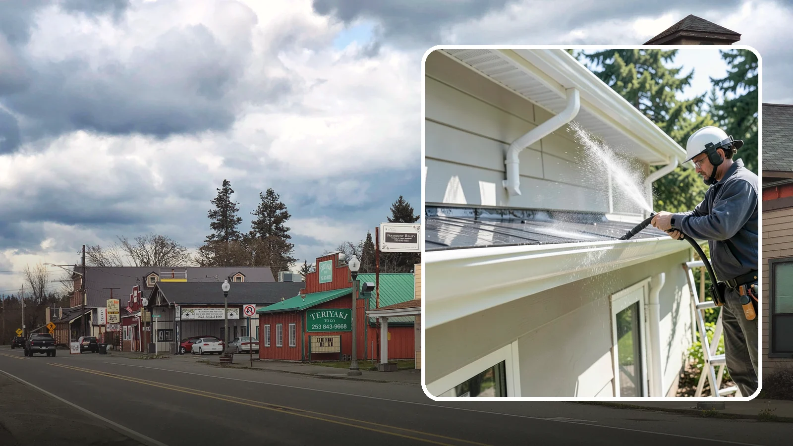 Gutter & Downspout Package in Roy, Pierce County, WA - We brighten gutter faces and flush the downspouts so your drainage system looks clean and actually moves water through a rainy...