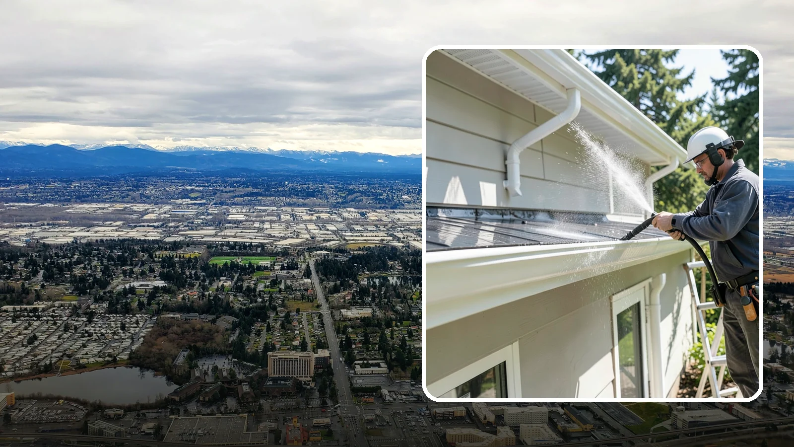 Gutter & Downspout Package in SeaTac, King County, WA - We brighten gutter faces and flush the downspouts so your drainage system looks clean and actually moves water through a rainy...